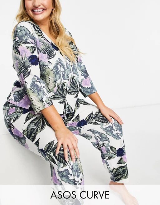 ASOS DESIGN Curve tropical long sleeve shirt & pants pajama set in green & purple | ASOS (Global)