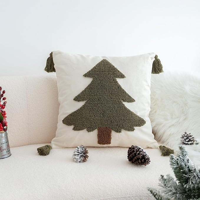 Green Tufted Christmas Tree Throw Pillow Cover, New Year Farmhouse Pillowcase with Tassels, Hand ... | Amazon (US)