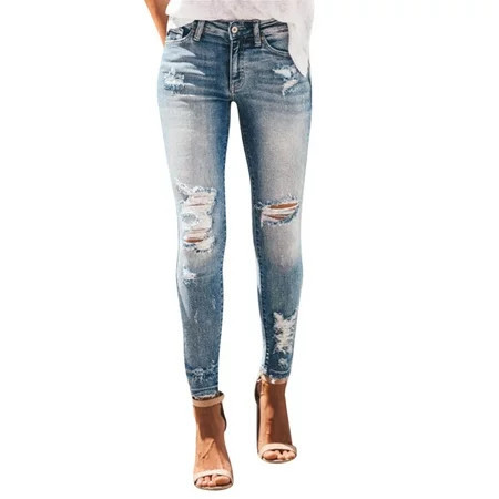 Labakihah jeans for women Casual Women Skinny Ripped Jeans Distressed Denim Pants Hole Bottoms ripped jeans womens Blue | Walmart (US)