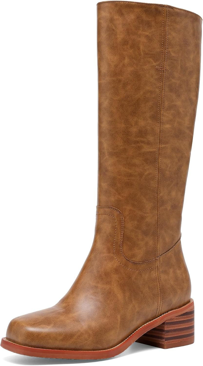 Women's Knee High Boots Square Toe Chunky Block Heel Long Boots for Women Comfortable Slip on Low Heel Womens Riding Boot. | Amazon (US)