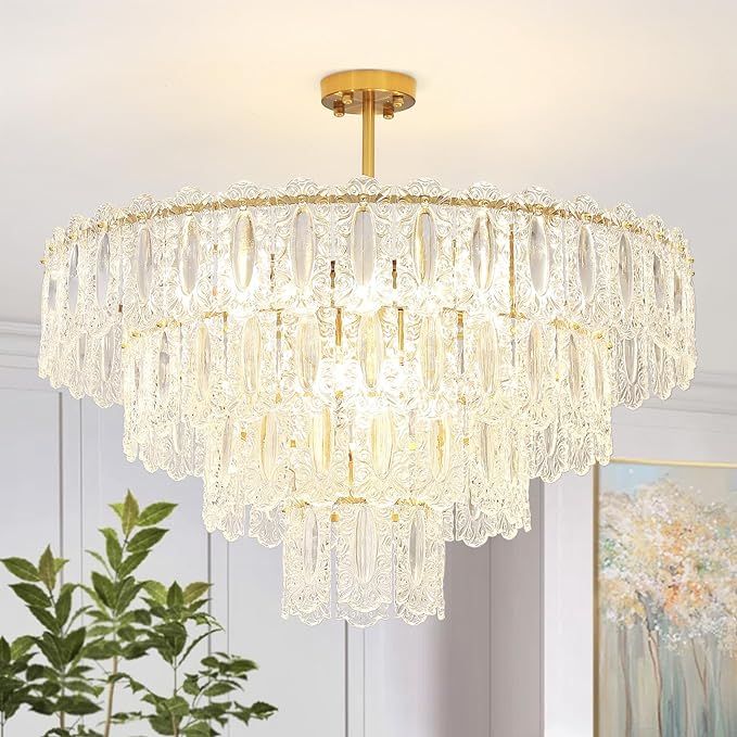 Depuley 12-Light Modern Crystal Chandeliers, 31.5" Gold Semi Flush Mount Ceiling Light Fixture, 3... | Amazon (US)