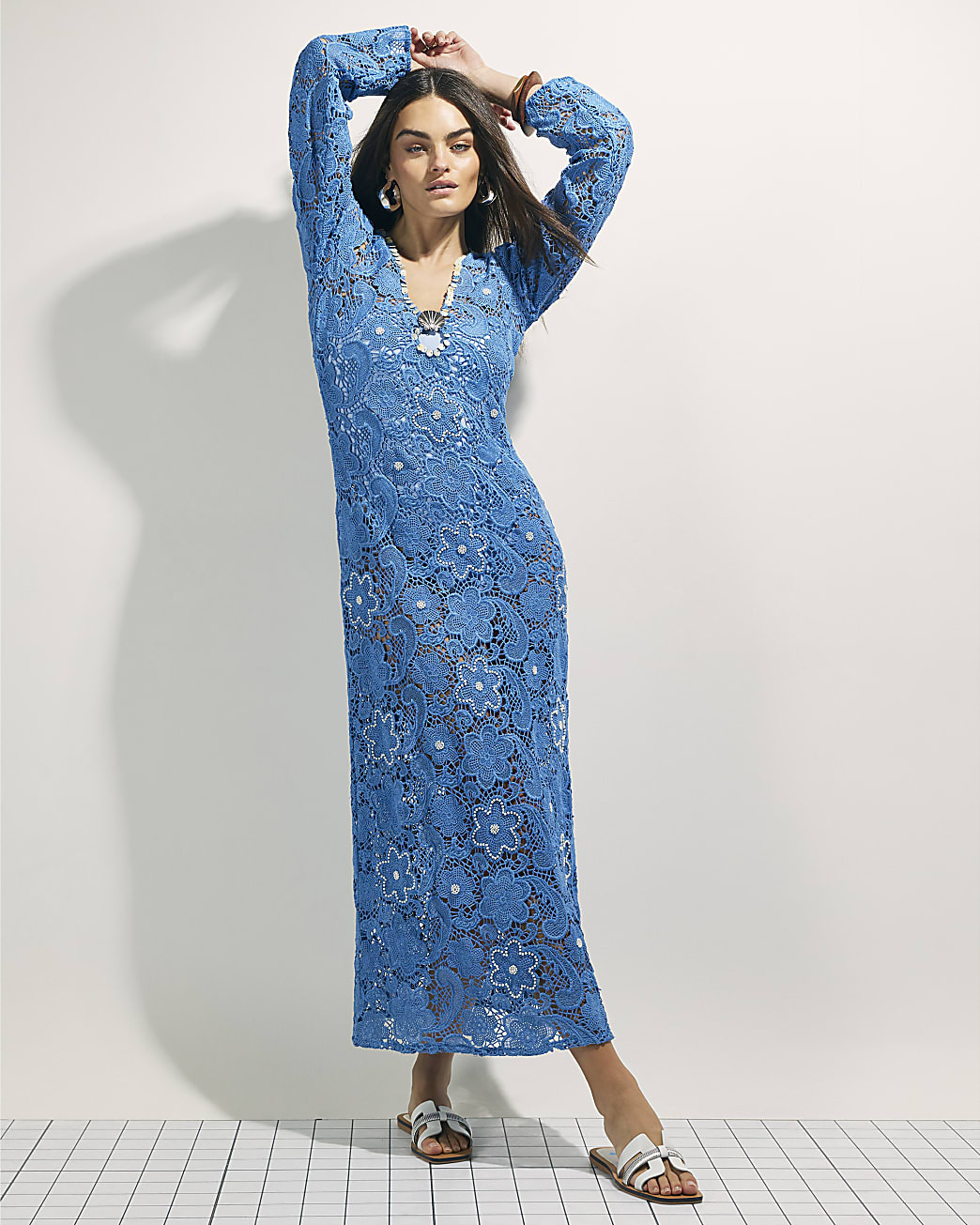 Blue Crochet Shell Maxi Dress | River Island UK & IE