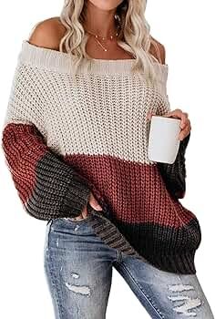 Womens Oversized Sweater Color Block Off The Shoulder Pullover Sweaters Cable Knit Chunky Striped... | Amazon (US)