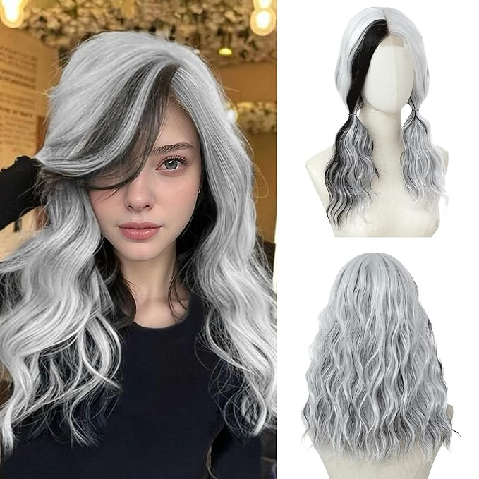 Black and White Wig 18 Inch Medium Length Wigs for Women Middle Part Synthetic Hair Wavy Wig with... | Amazon (US)