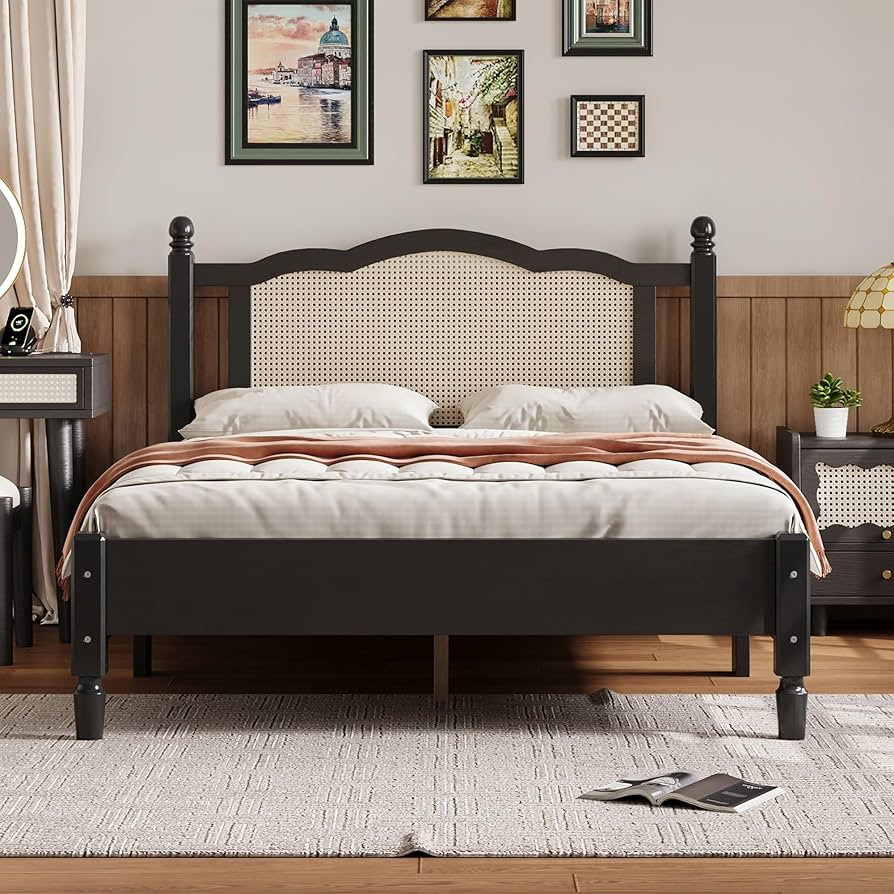 Wooden Platform Bed with Natural Rattan Headboard, Full Size Platform Bed with Wooden Slat Suppor... | Amazon (US)