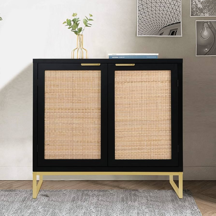 Black Accent Storage Cabinet with 2 Rattan Doors Mid Century Sideboard Furniture for Living Room ... | Amazon (US)
