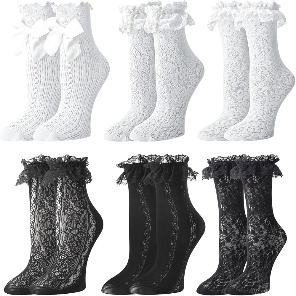 6 Pairs Lace Ruffle Ankle Socks for Women Lolita Frilly Ankle Elastic Cuff Mesh Lace Trim Dress S... | Amazon (US)