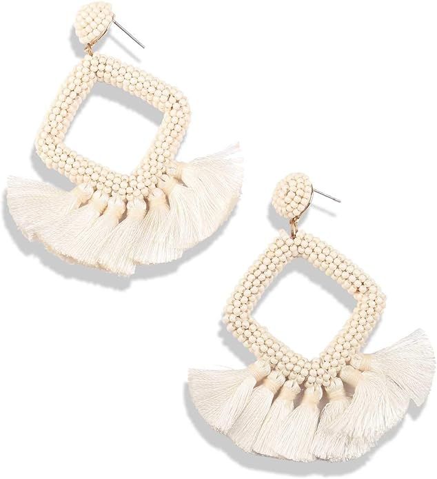 Statement Tassel Hoop Earrings Handmade Beads Drop Dangle for Women Gift for Mother Sister Daily ... | Amazon (US)