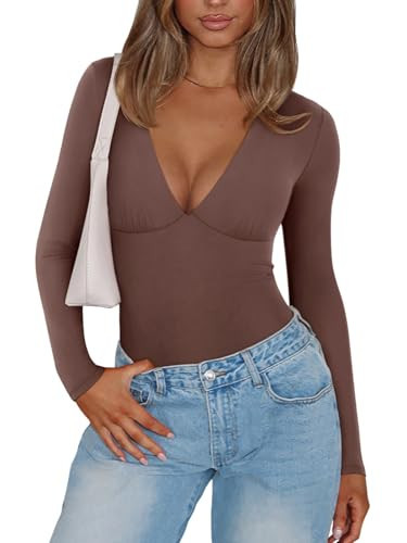 PINKMSTYLE Womens Plunge V Neck Long Sleeve Bodysuits Sexy Double Lined Going Out Tops Night Out Outfits Coffee XX-Large | Amazon (US)