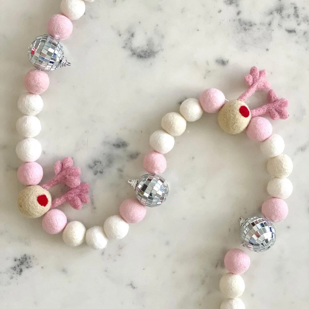 Pink Rudolf Christmas Garland, Felt Reindeer Garland, Pink Christmas Decor, Disco Ball Garland, L... | Etsy (US)