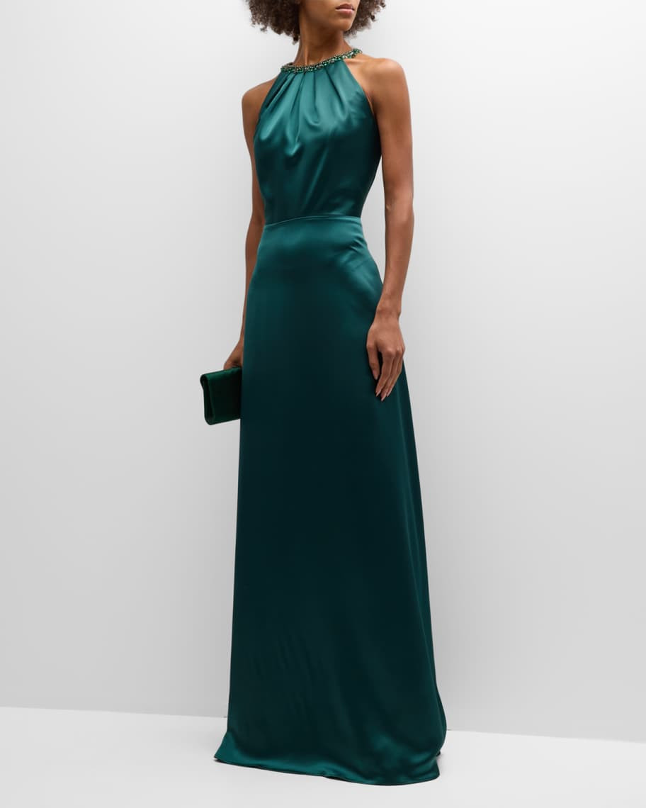 Rickie Freeman for Teri Jon Pleated Jewel-Embellished Halter Gown | Neiman Marcus