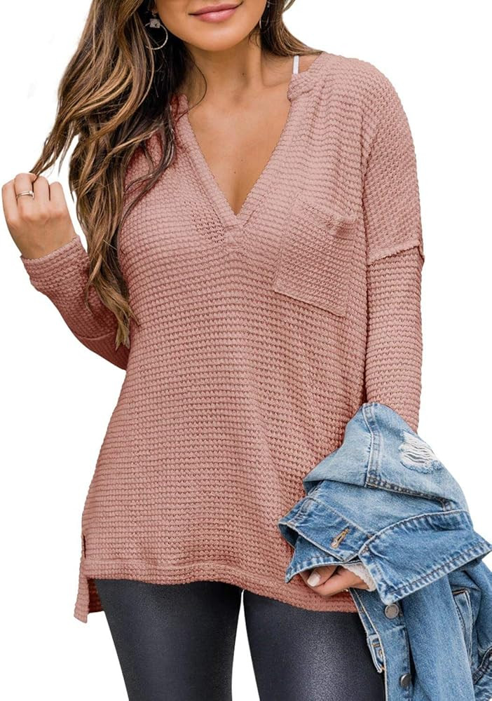 PINKMSTYLE Womens Long Sleeve V Neck Shirts Off Shoulder Waffle Knit Pullover Sweaters Tee Tops | Amazon (US)