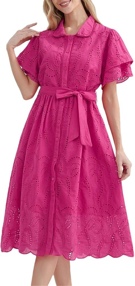 Women's Cotton Hollow Out Summer Dress Holiday Casual High Waist Ruffled Mini Belt Dresses A-Line... | Amazon (US)
