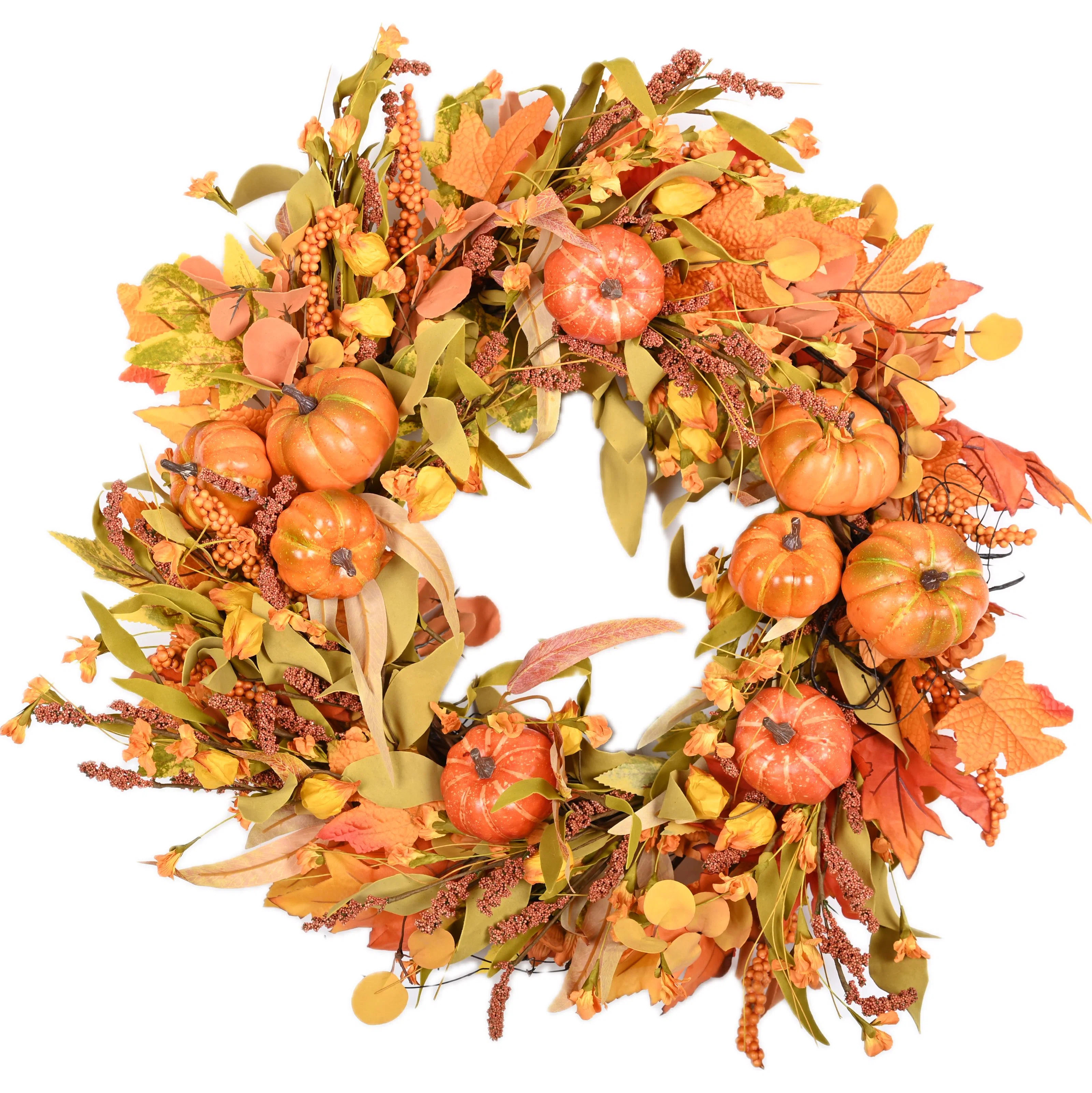 26" Large Fall Autumn Thanksgiving Pumpkin Maple Front Door Wreath | Wayfair North America