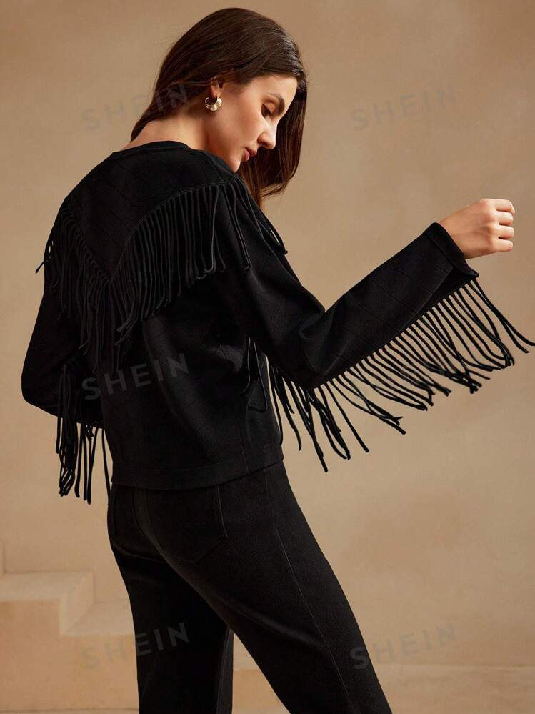 Anewsta Women's Fringe Detail Urban Style Cardigan | SHEIN