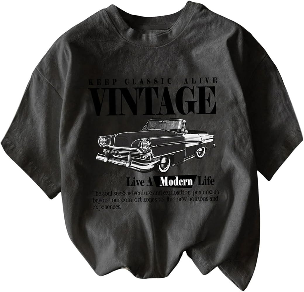 Women's Graphic Letter Tee Crew Neck Drop Shoulder Trendy Summer T Shirt Short Sleeve Vintage Car... | Amazon (US)