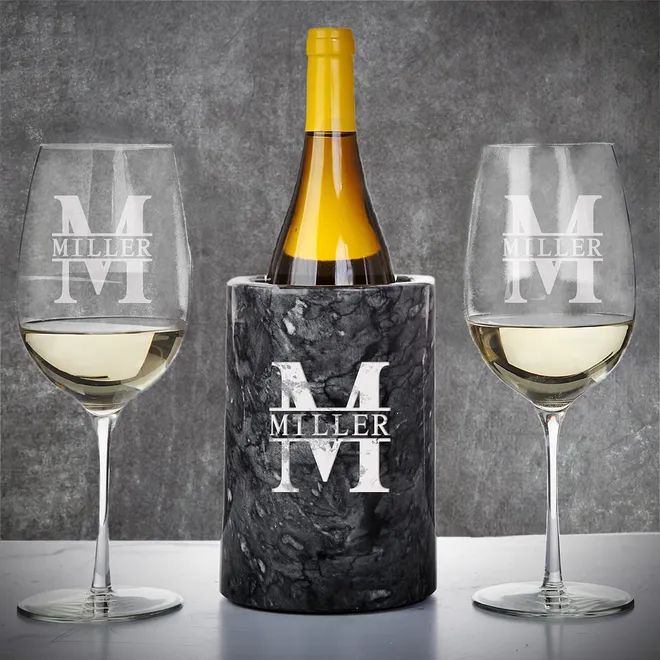 Wedding Wine Gift Set - Custom Wine Glasses and Black Marble Bottle Chiller | HomeWetBar.com