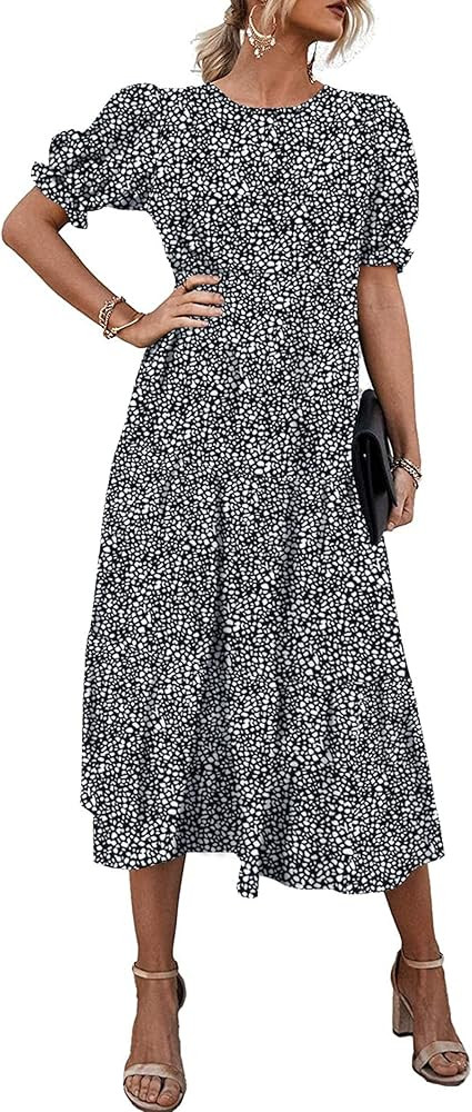 PRETTYGARDEN Summer Dresses for Women 2026 Casual Floral Boho Midi Sun Dress Puff Short Sleeve Fl... | Amazon (US)