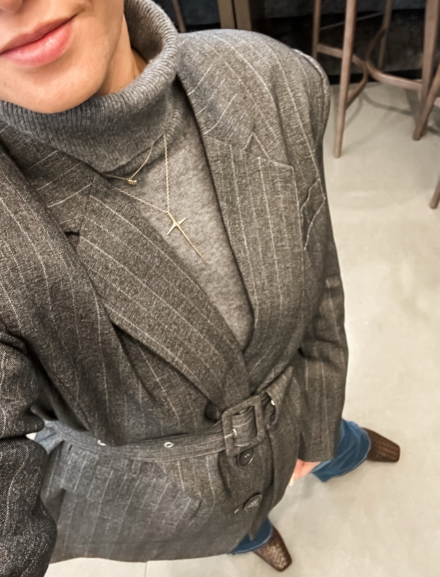 Winter chic look on repeat :: cashmere turtleneck, pinstripe structured blazer, flare jeans, woven brown ankle boots // business casual outfit, church outfit, casual style, gray look

#LTKShoeCrush #LTKWorkwear #LTKStyleTip