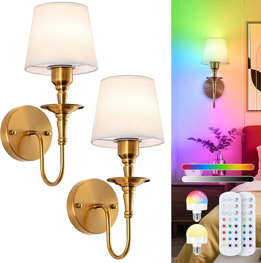Vintage Wall Sconces Set of 2, Wireless Wall Lamp with RGB Rechargeable Dimmable Bulbs, Brass-Col... | Amazon (US)