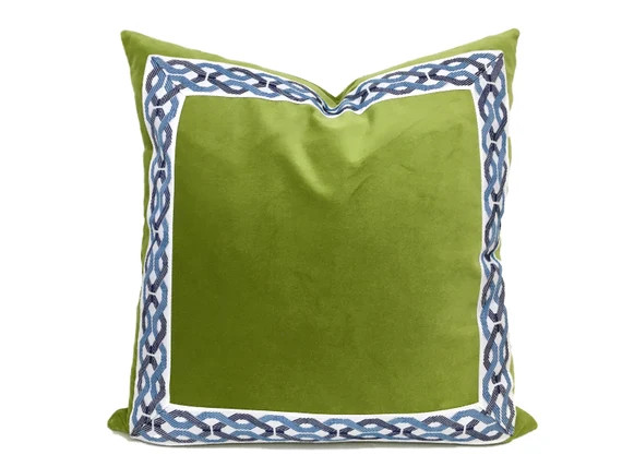 Green Velvet Pillow Cover with Wavy Blue Trim | Etsy | Etsy (US)