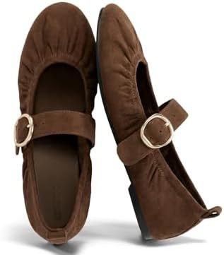 Coutgo Womens Ballet Flats Ruched Round Toe Mary Jane Flats Comfortable Slip On Dressy Shoes | Amazon (US)