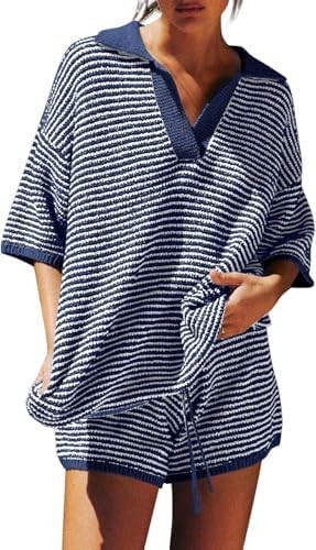 Tankaneo Womens Sweater Set 2 Piece Outfits Oversized 3/4 Sleeve V Neck Knit Tops High Waisted Sh... | Amazon (US)