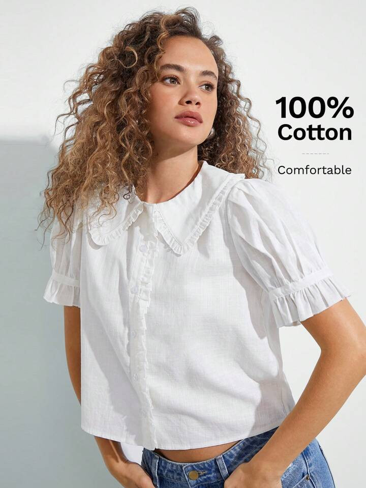 WESTFADE Summer Ruffle Collar Half Sleeve 100% Cotton Sheer Gauze Button Up Shirt Office Wear | SHEIN