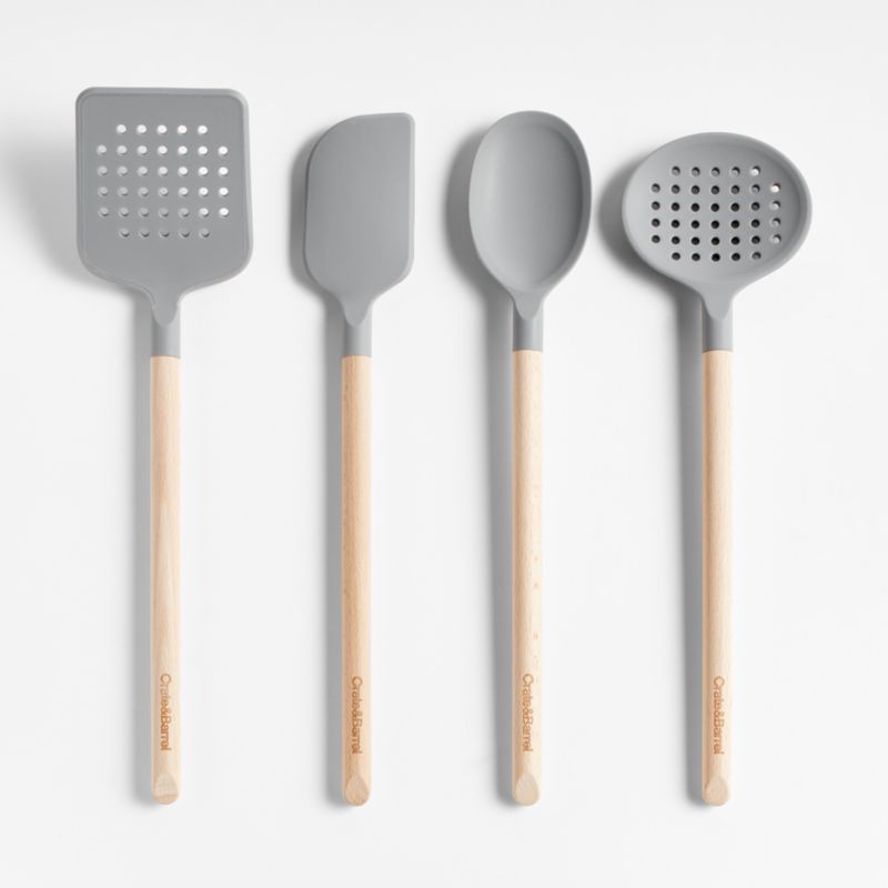 Crate & Barrel Wood and Grey Silicone Utensils, Set of 4 + Reviews | Crate & Barrel | Crate & Barrel
