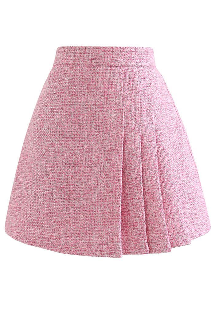 Shimmer Metallic Pleated Tweed Mini Skirt in Hot Pink | Chicwish