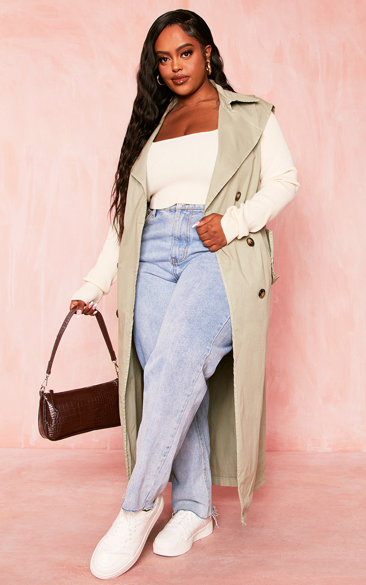 Plus Sage Khaki Woven Belted Sleeveless Lightweight Trech Coat | PrettyLittleThing US