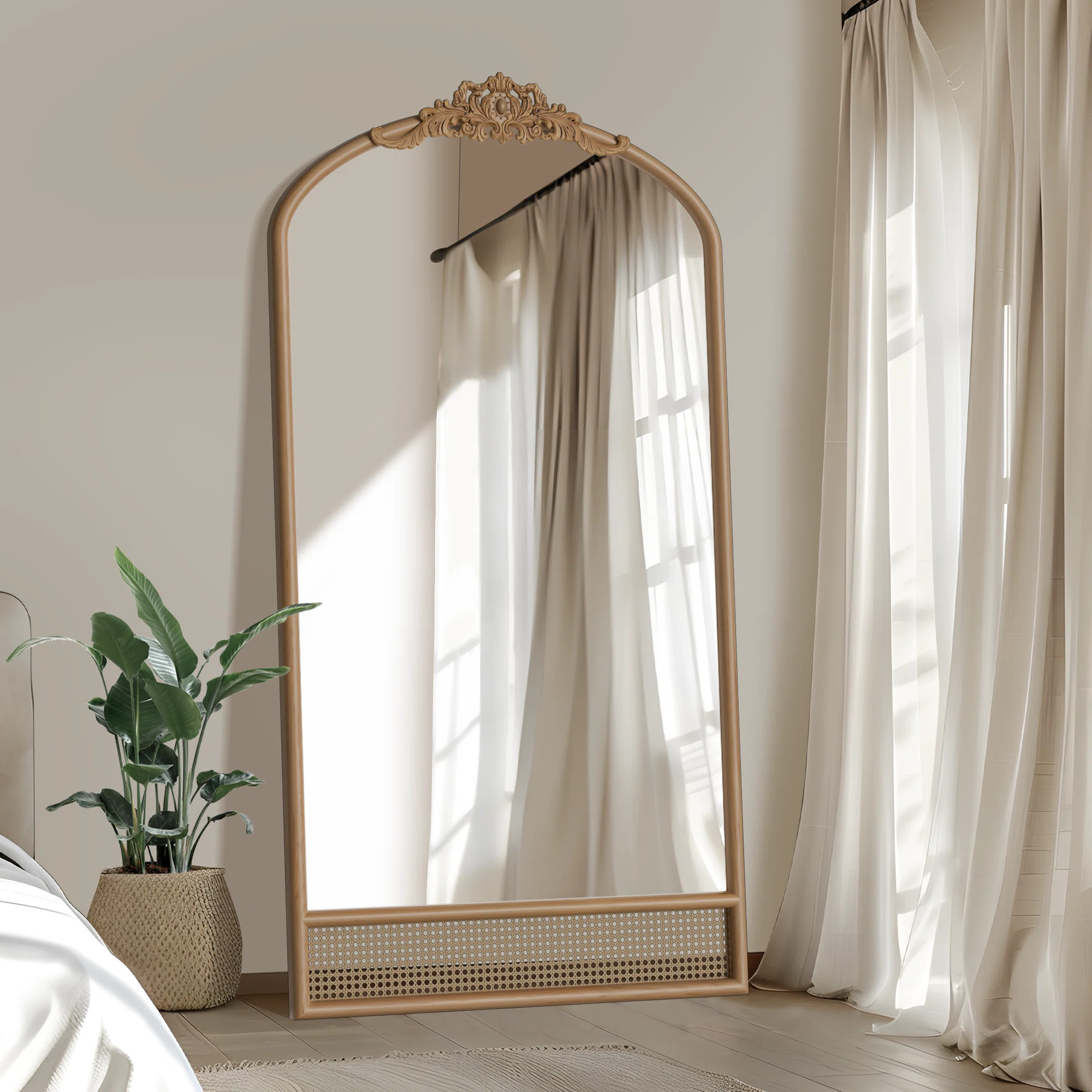 Arch Rattan Wood Mirror with Carved Design | Wayfair North America