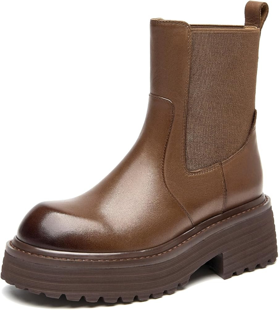 BEAU TODAY Platform Chelsea Boots for Women, Chunky Genuine Leather Elastic Ankle Boots for Women... | Amazon (US)