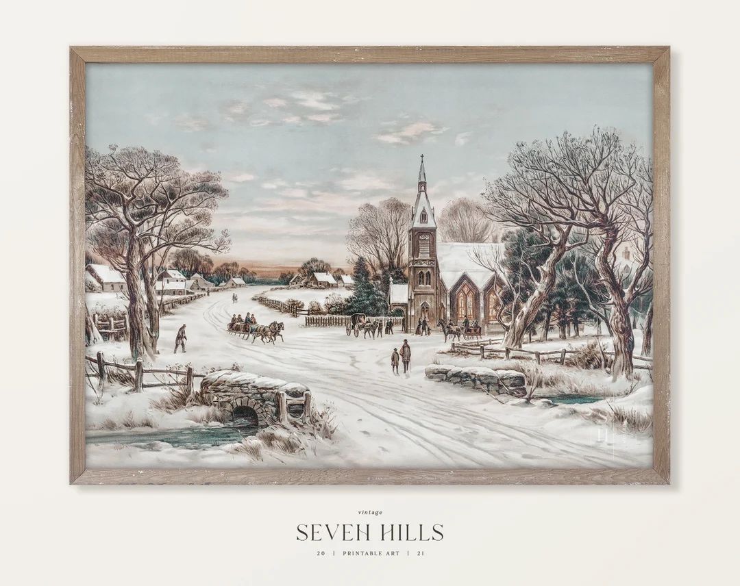 Vintage Winter Village Painting Snow City Landscape Printable - Etsy | Etsy (US)