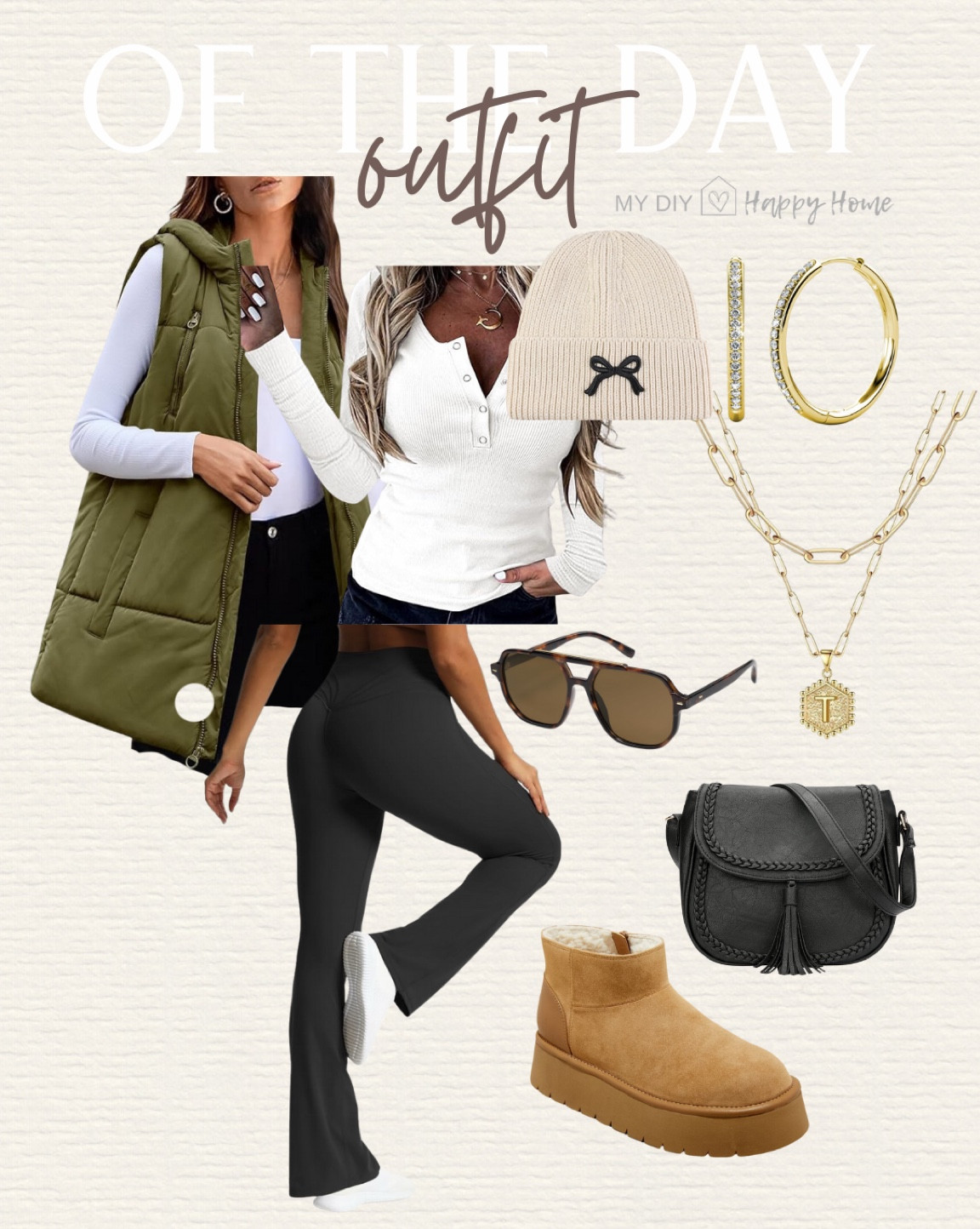 Todays OOTD

Outfit of the day 
Comfy outfit 

•Hooded puffer vest (I am in small)
•Flare leggings (3 lengths) I am in medium, 29”
•white Henley (I am in small)
•platform suede boots (TTS)
•sunglasses 
•bow beanie hat 
•layered necklace 
•hoop earrings 
•purse 

#LTKOver40 #LTKShoeCrush #LTKMidsize