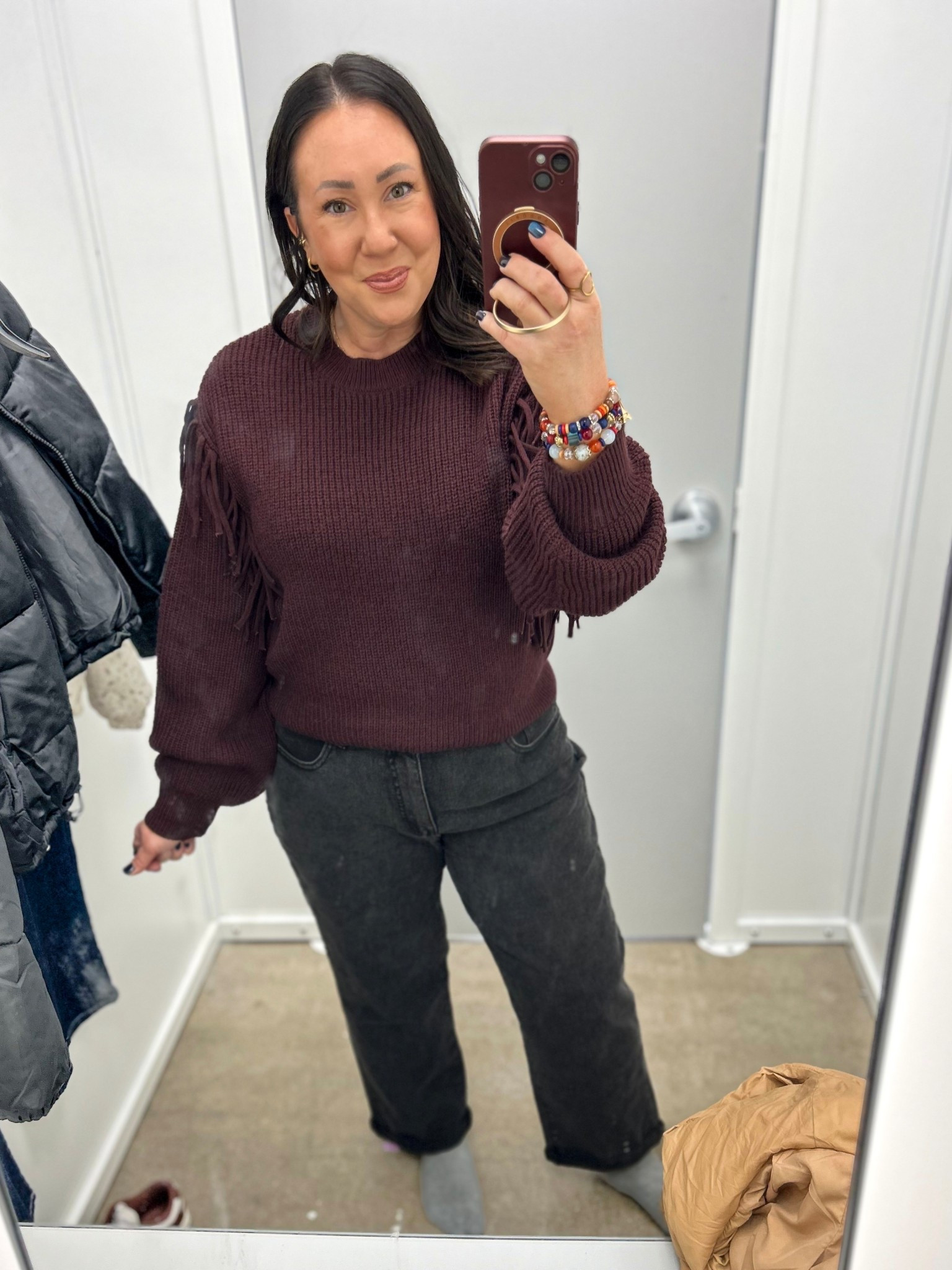 New fringe sweaters @walmart. Love this color. Not sure I love this one for me though!  Wearing a large. Also available in cream. Size 16 relaxed boyfriend jeans. Look for this black wash in store! Other washes online.  

#LTKOver40 #LTKMidsize #LTKFindsUnder50
