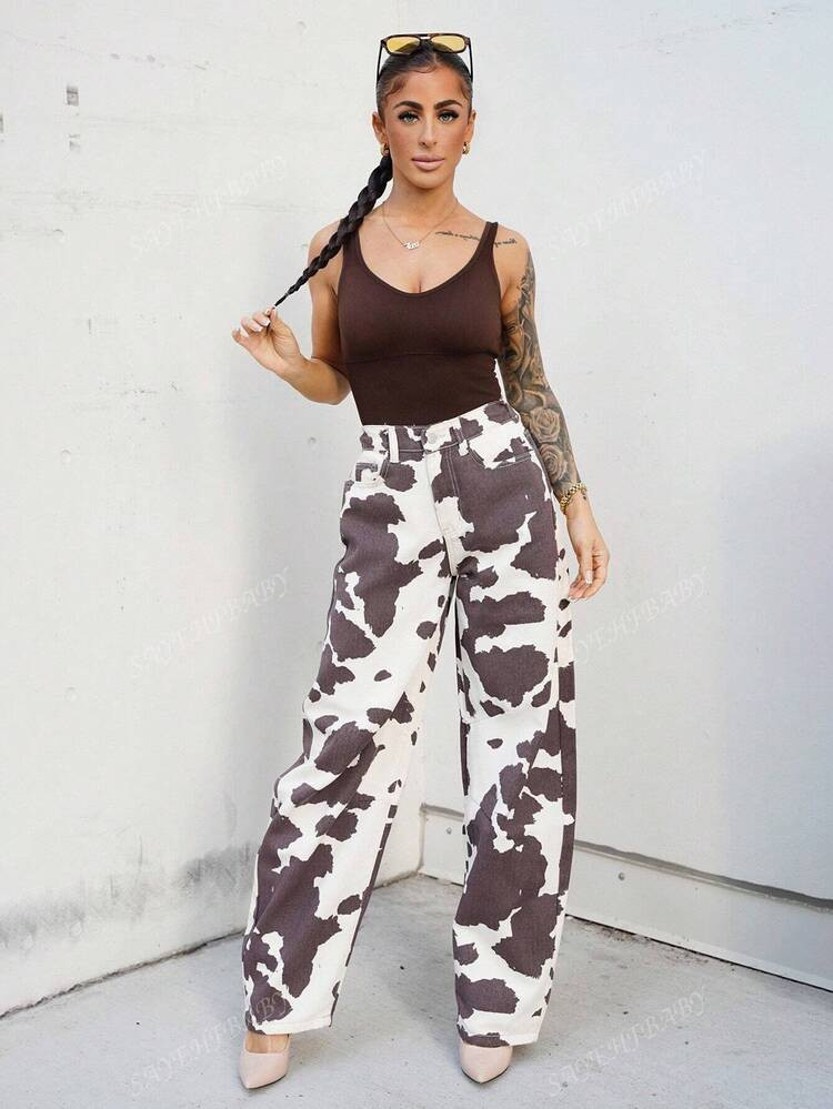 SAYEHFBABY Women's Cow Pattern Jeans Banana Pants Y2K Wide-Leg Pants Comfortable Elastic Waist Wi... | SHEIN