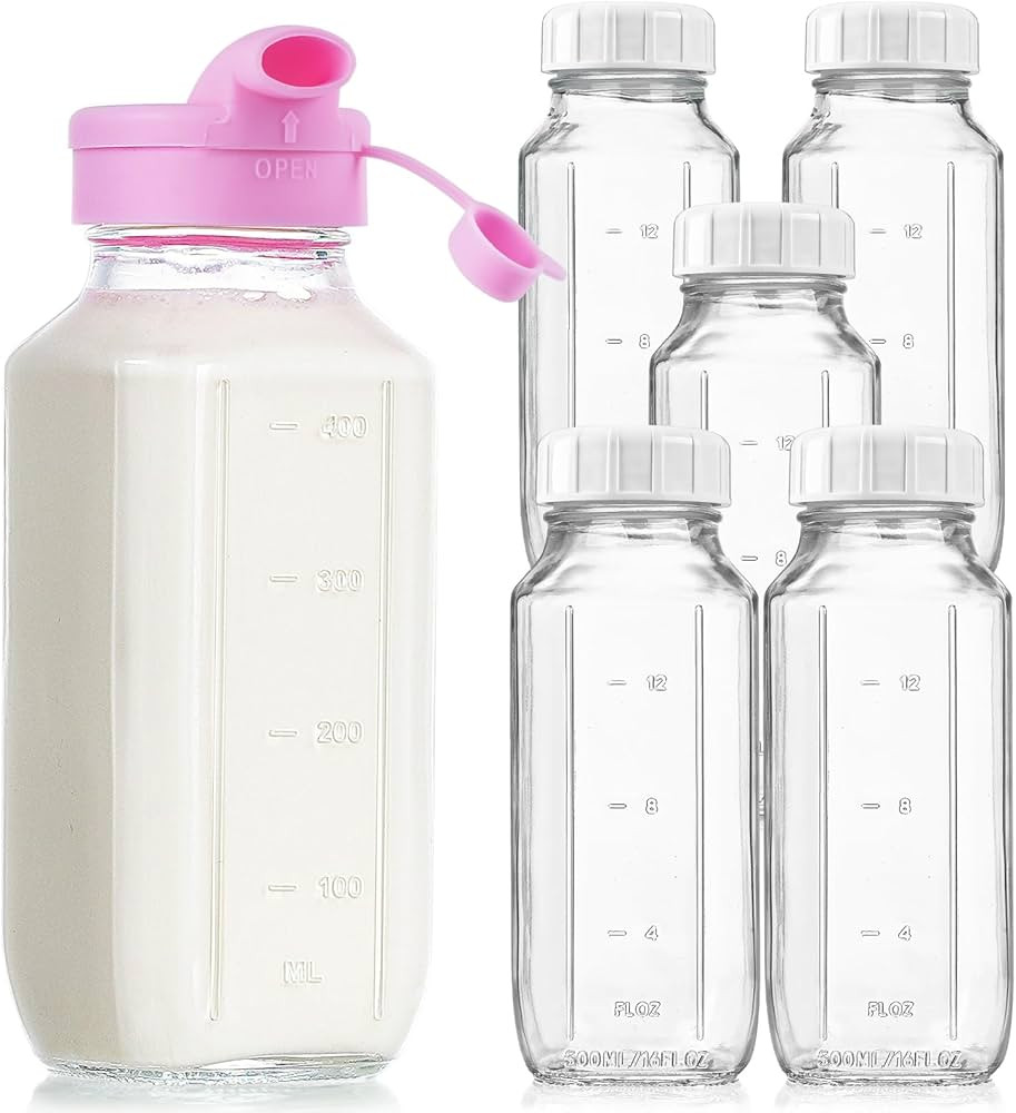 16 Oz Square Glass Milk Bottles with A Silicone Cover, 6 Pack Glass Bottles for Juicing with Airt... | Amazon (US)