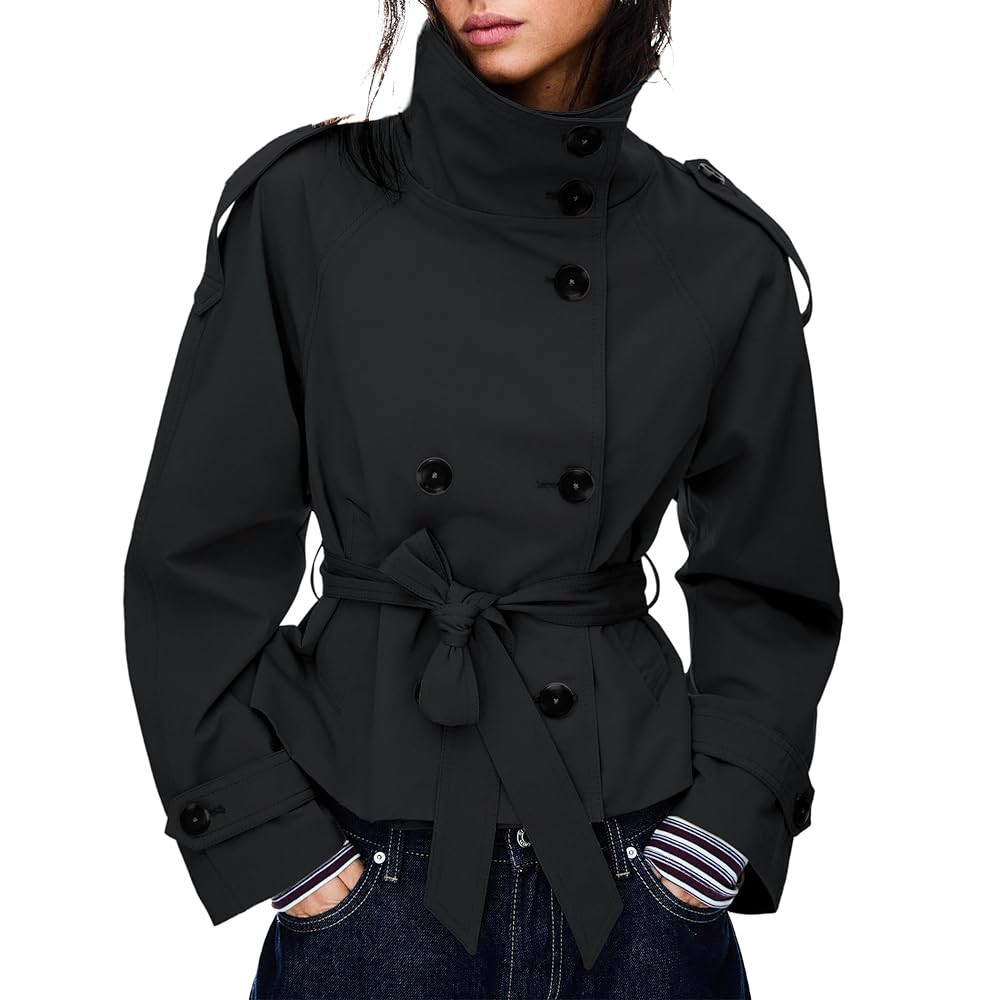 Women's Cropped Trench Coat Double Breasted Short Jacket High Collar Fall Winter Coats Trendy Out... | Amazon (US)