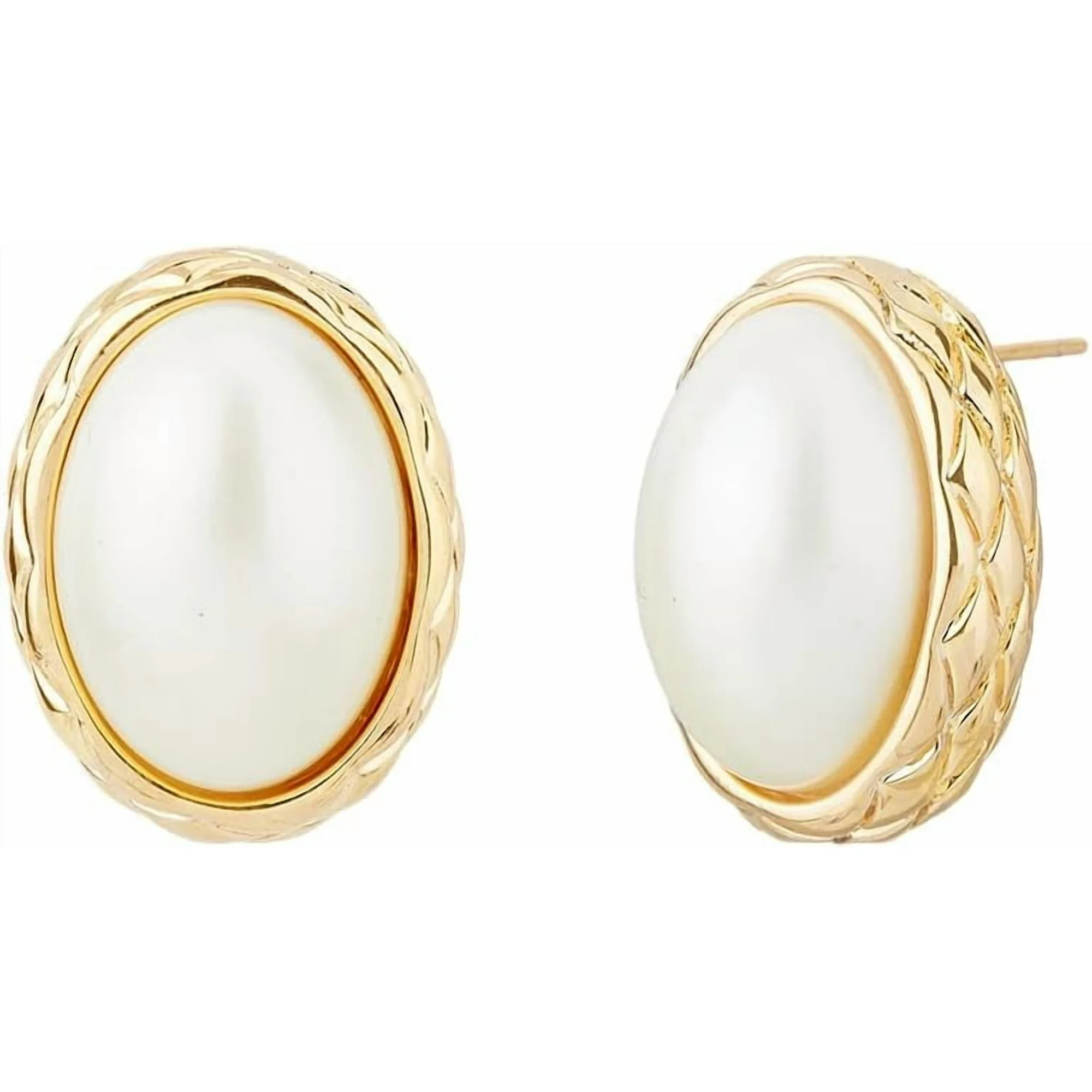 White Pearl Stud Earrings Pearl Ear Studs Gold Plated Oval Stud Earrings Imitation Pearl Earrings... | Walmart (US)