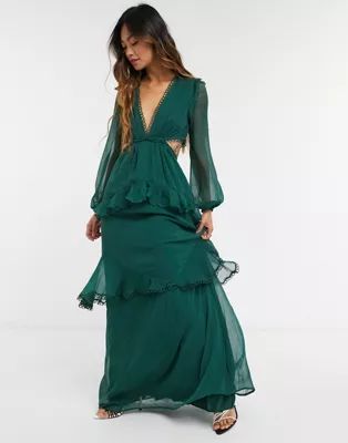 ASOS DESIGN maxi dress with long sleeve and circle trim in forest green | ASOS (Global)