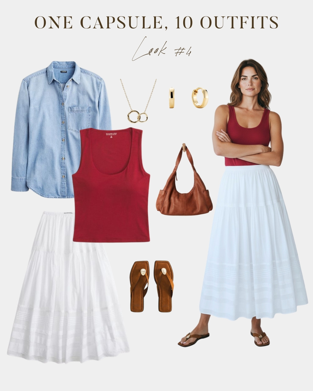 Spring and summer capsule wardrobe outfit featuring a red tank top, white tiered maxi skirt, and denim shirt as an optional layer. A bold but relaxed color combination that works for weekend outings, casual dinners, farmers markets, and summer events. Easy to style and versatile enough to wear all season. Part of a ten outfit spring capsule wardrobe series. 

 

#LTKootd #LTKmomlife #LTKSeasonal