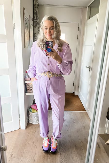 Ootd - Tuesday. Lilac Jumpsuit (Harper and Yve, xl), multi colored stretch woven belt and Puma sneakers. 

#LTKmidsize #LTKeurope #LTKover40