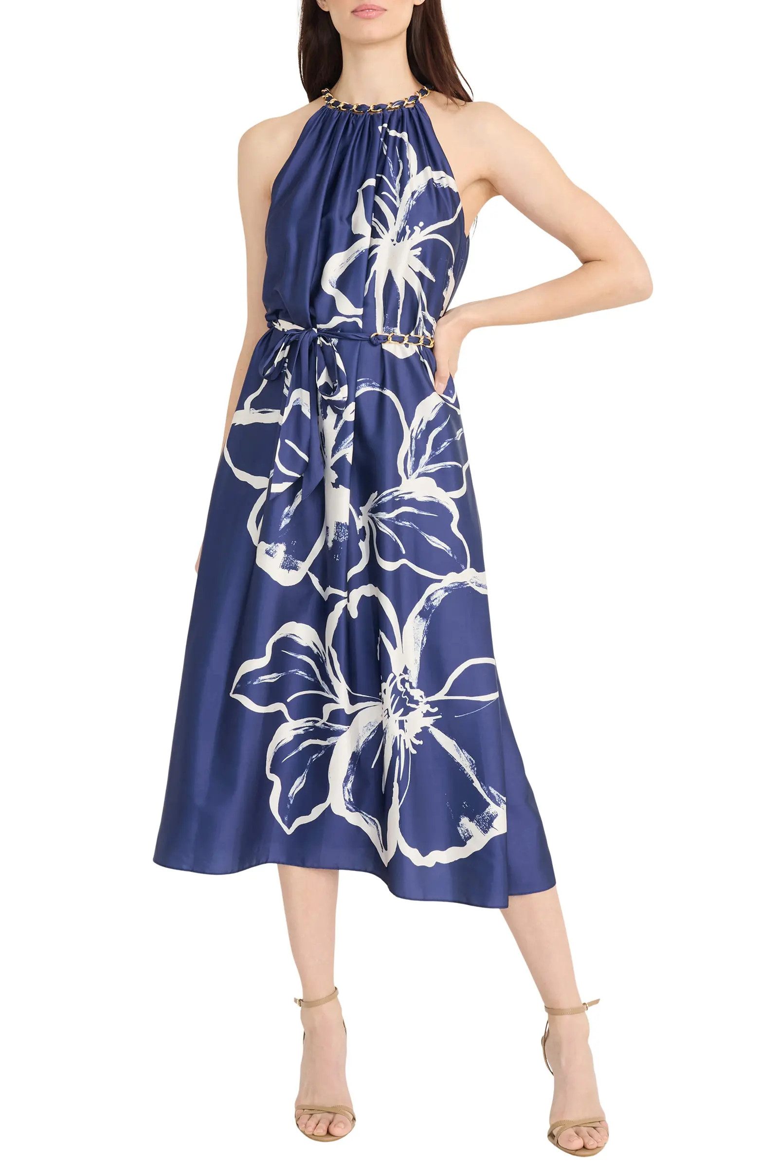 Maggy London Floral Halter Neck Belted Midi Dress | Nordstrom | Nordstrom