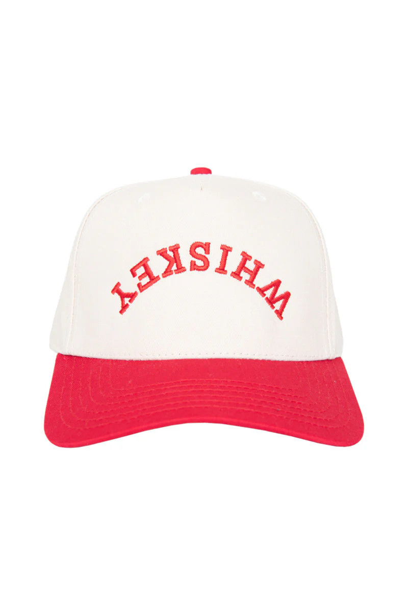 WHISKEY Upside Down Men's Trucker Hats Vintage Red and Tan | Katydid.com