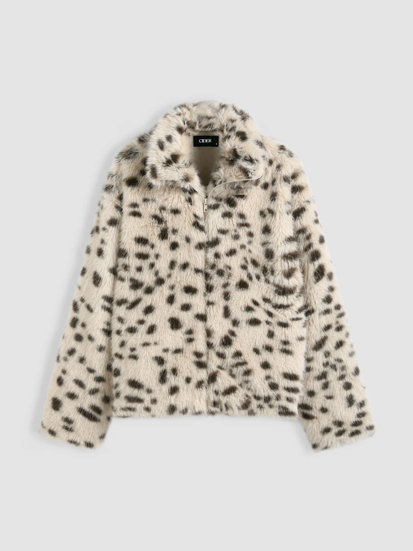 Faux Shearling Stand Collar Leopard Pocket Zipper Jacket | Cider