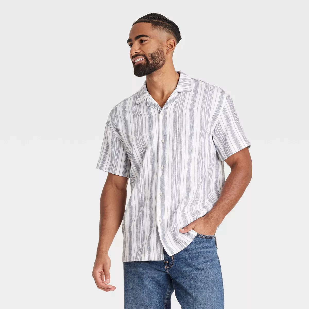 Men's Striped Short Sleeve Slub Camp Button-Down Shirt - Goodfellow & Co™ Ivory L | Target