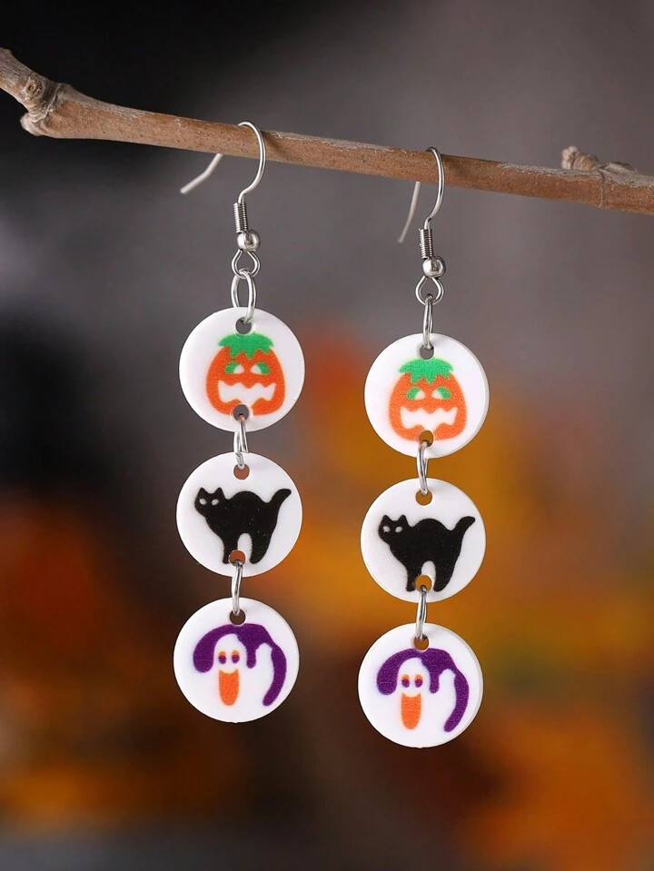 1pair Vintage Halloween Ghost Pumpkin Black Cat Tassel Acrylic Pendant Earrings For Women | SHEIN