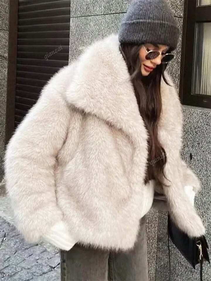Fluffy Jacket For Women Elegant Solid Lapel Long Sleeve Coat Casual Loose Female Winter Oversize ... | SHEIN