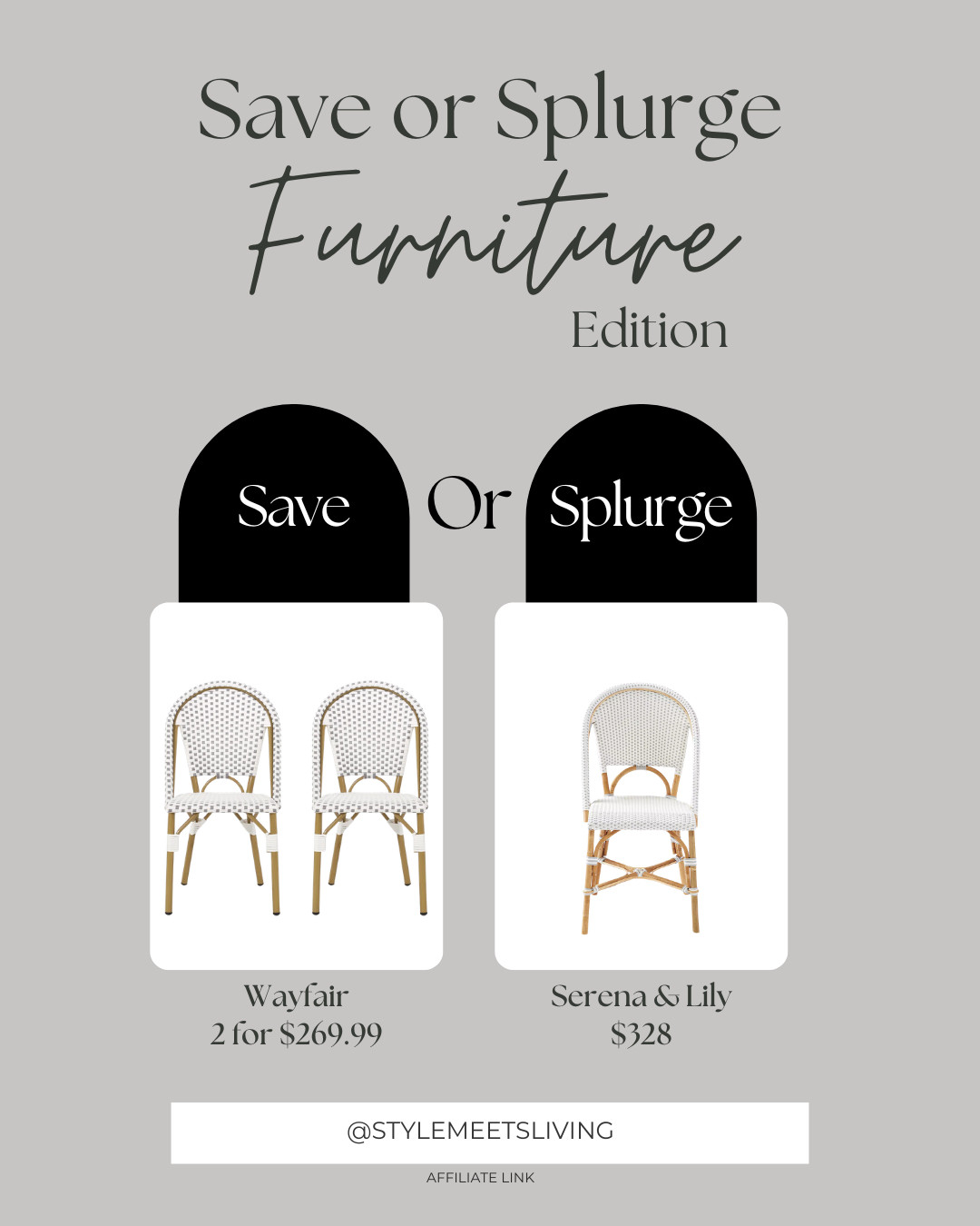 Save vs splurge, and this one is so good! These Wayfair outdoor dining chairs look just like the Serena & Lily Riviera chairs, and you can get two for less than the price of one. Such an easy patio upgrade.

Serena and Lily Riviera chair dupe, outdoor dining chairs, Wayfair outdoor furniture, patio dining chairs, bistro outdoor chairs, backyard patio ideas, affordable outdoor furniture, designer look for less, patio seating ideas, outdoor decor 

 #LTKHome #LTKSaleAlert